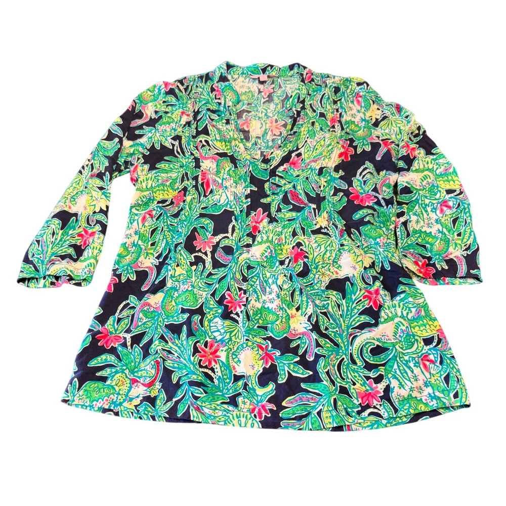 Lilly Pulitzer Elsa Top Navy Blue Green Pink Tropical Floral Blouse Womens M GUC